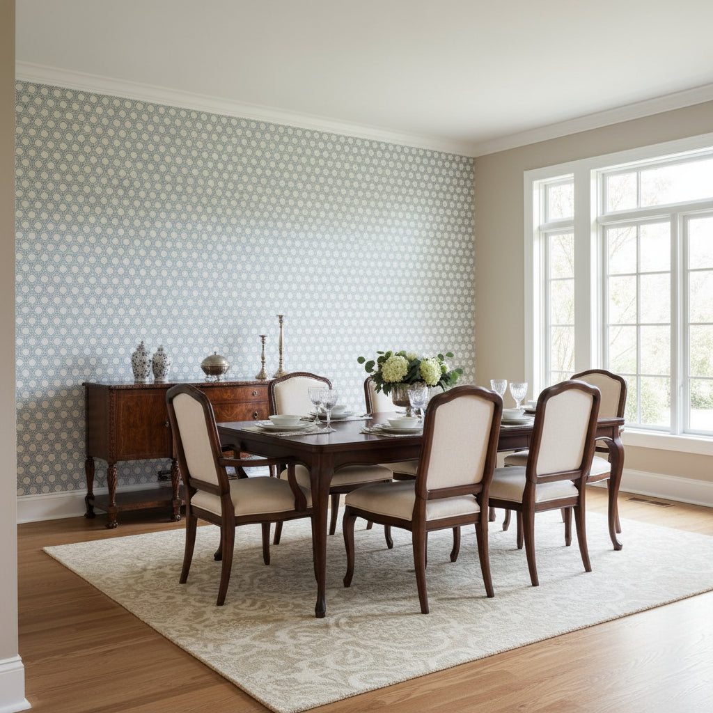 Pergola Navy | Thibaut Wallcoverings - Dining Room Visualization (AI-generated, may not be to scale. Verify pattern scale with product specifications.)