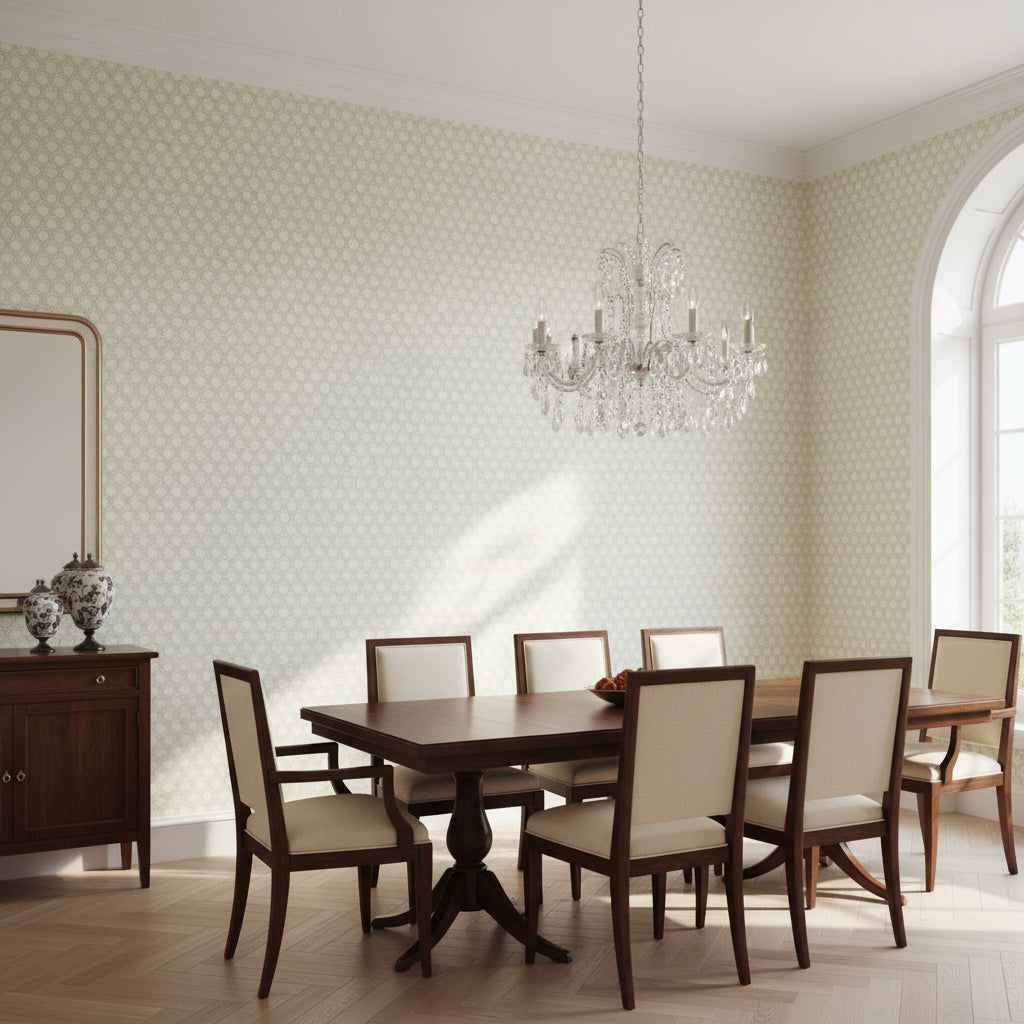 Pergola Green | Thibaut Wallcoverings - Dining Room Visualization (AI-generated, may not be to scale. Verify pattern scale with product specifications.)