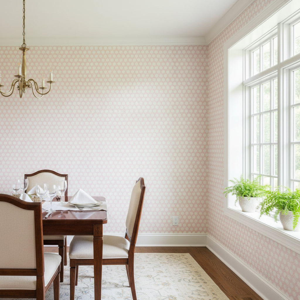 Pergola Blush | Thibaut Wallcoverings - Dining Room Visualization (AI-generated, may not be to scale. Verify pattern scale with product specifications.)