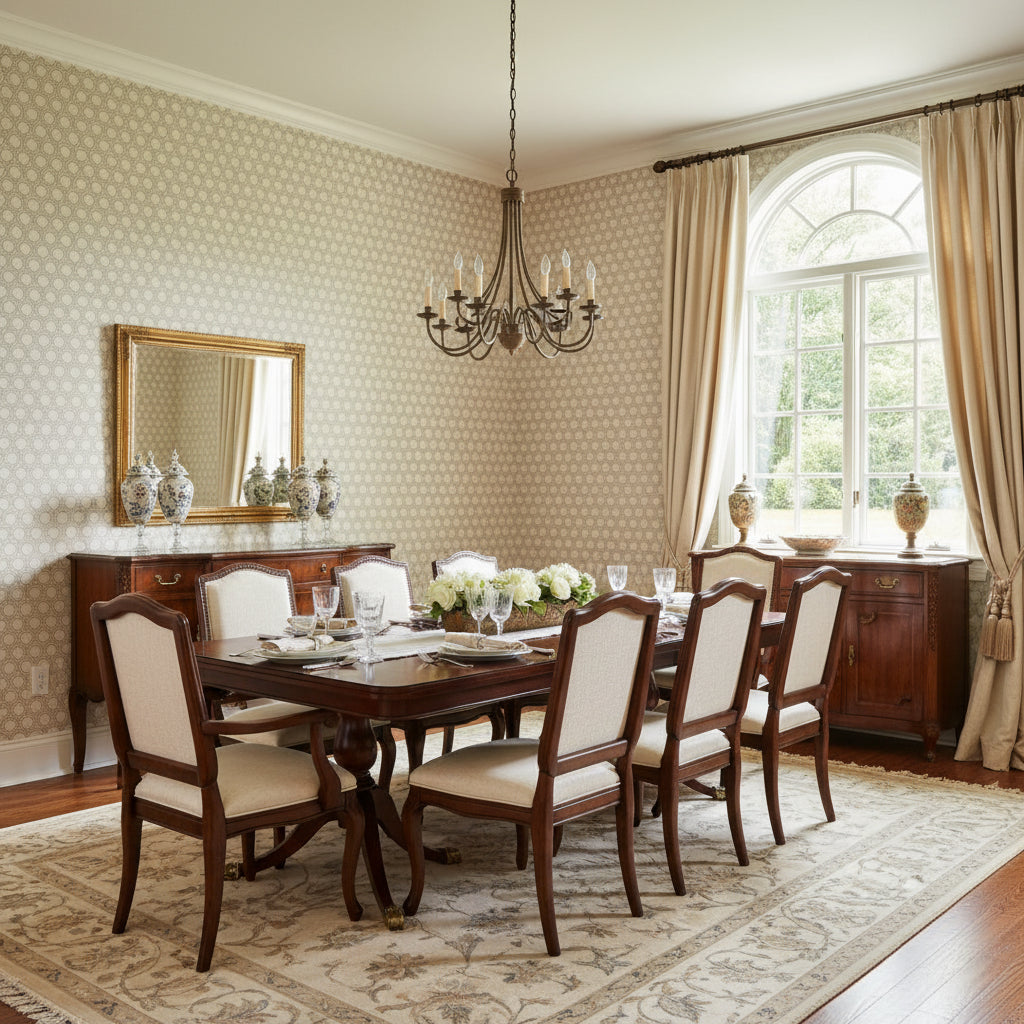Pergola Brown | Thibaut Wallcoverings - Dining Room Visualization (AI-generated, may not be to scale. Verify pattern scale with product specifications.)