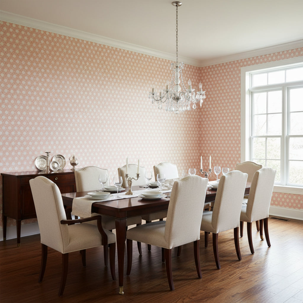 Pergola Orange | Thibaut Wallcoverings - Dining Room Visualization (AI-generated, may not be to scale. Verify pattern scale with product specifications.)
