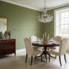 Square Dance Olive Green | Thibaut Wallcoverings - Dining Room Visualization (AI-generated, may not be to scale. Verify pattern scale with product specifications.)