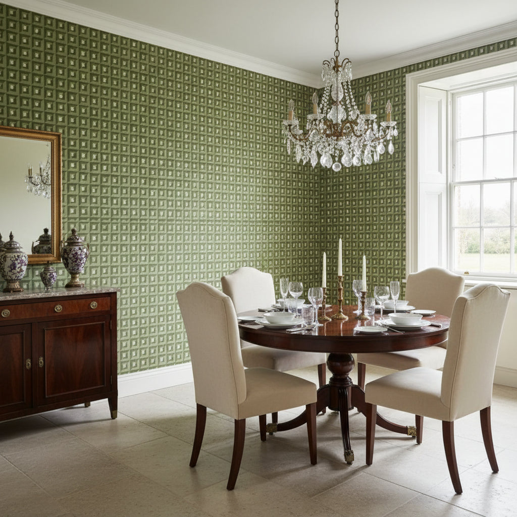 Square Dance Olive Green | Thibaut Wallcoverings - Dining Room Visualization (AI-generated, may not be to scale. Verify pattern scale with product specifications.)