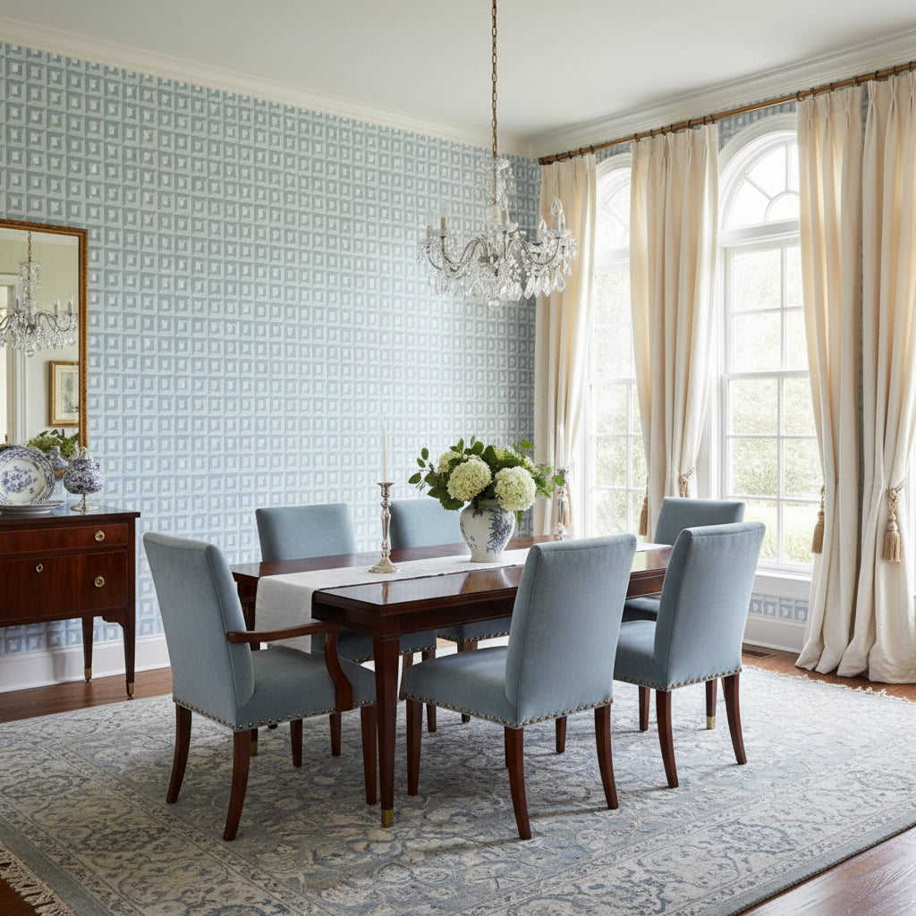 Square Dance Light Blue | Thibaut Wallcoverings - Dining Room Visualization (AI-generated, may not be to scale. Verify pattern scale with product specifications.)