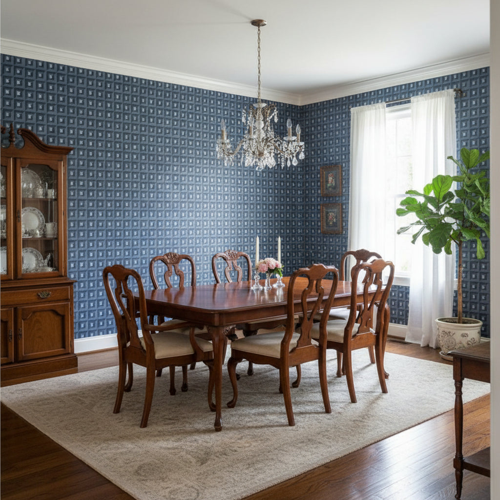 Square Dance Navy | Thibaut Wallcoverings - Dining Room Visualization (AI-generated, may not be to scale. Verify pattern scale with product specifications.)