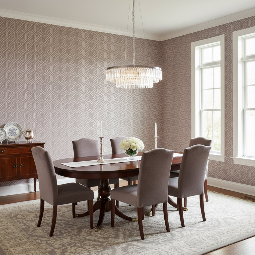 Tortona Taupe | Thibaut Wallcoverings - Dining Room Visualization (AI-generated, may not be to scale. Verify pattern scale with product specifications.)