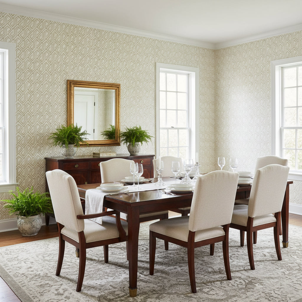 Tortona Metallic Gold on Cream | Thibaut Wallcoverings - Dining Room Visualization (AI-generated, may not be to scale. Verify pattern scale with product specifications.)