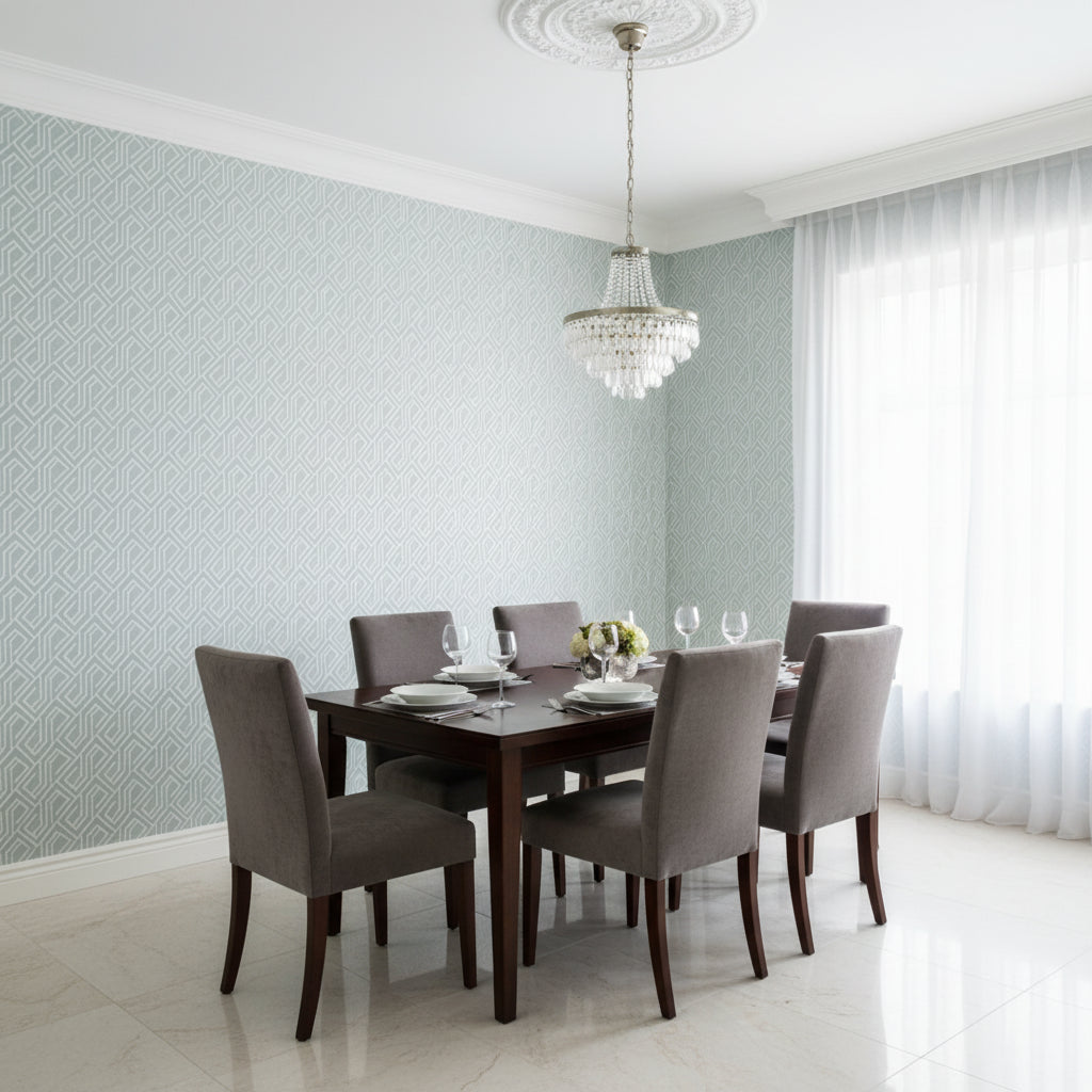 Tortona Spa Blue | Thibaut Wallcoverings - Dining Room Visualization (AI-generated, may not be to scale. Verify pattern scale with product specifications.)