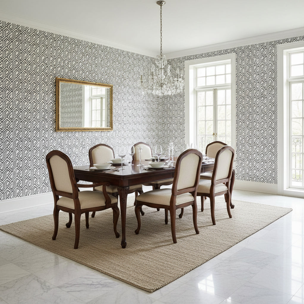 Tortona Black and White | Thibaut Wallcoverings - Dining Room Visualization (AI-generated, may not be to scale. Verify pattern scale with product specifications.)