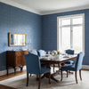 Tortona Navy | Thibaut Wallcoverings - Dining Room Visualization (AI-generated, may not be to scale. Verify pattern scale with product specifications.)