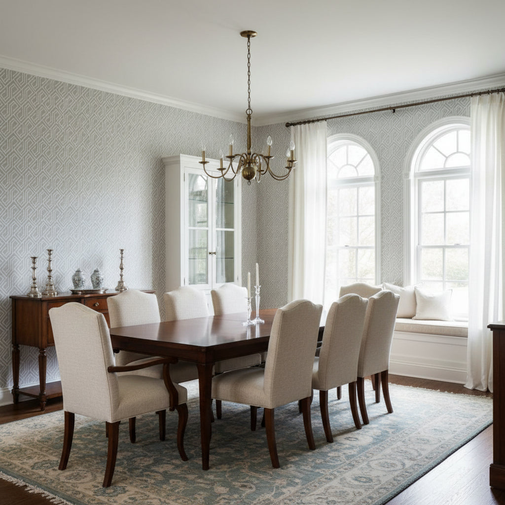 Tortona Grey | Thibaut Wallcoverings - Dining Room Visualization (AI-generated, may not be to scale. Verify pattern scale with product specifications.)