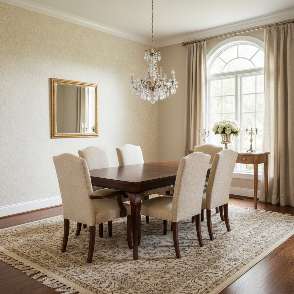 Twilight Beige | Thibaut Wallcoverings - Dining Room Visualization (AI-generated, may not be to scale. Verify pattern scale with product specifications.)