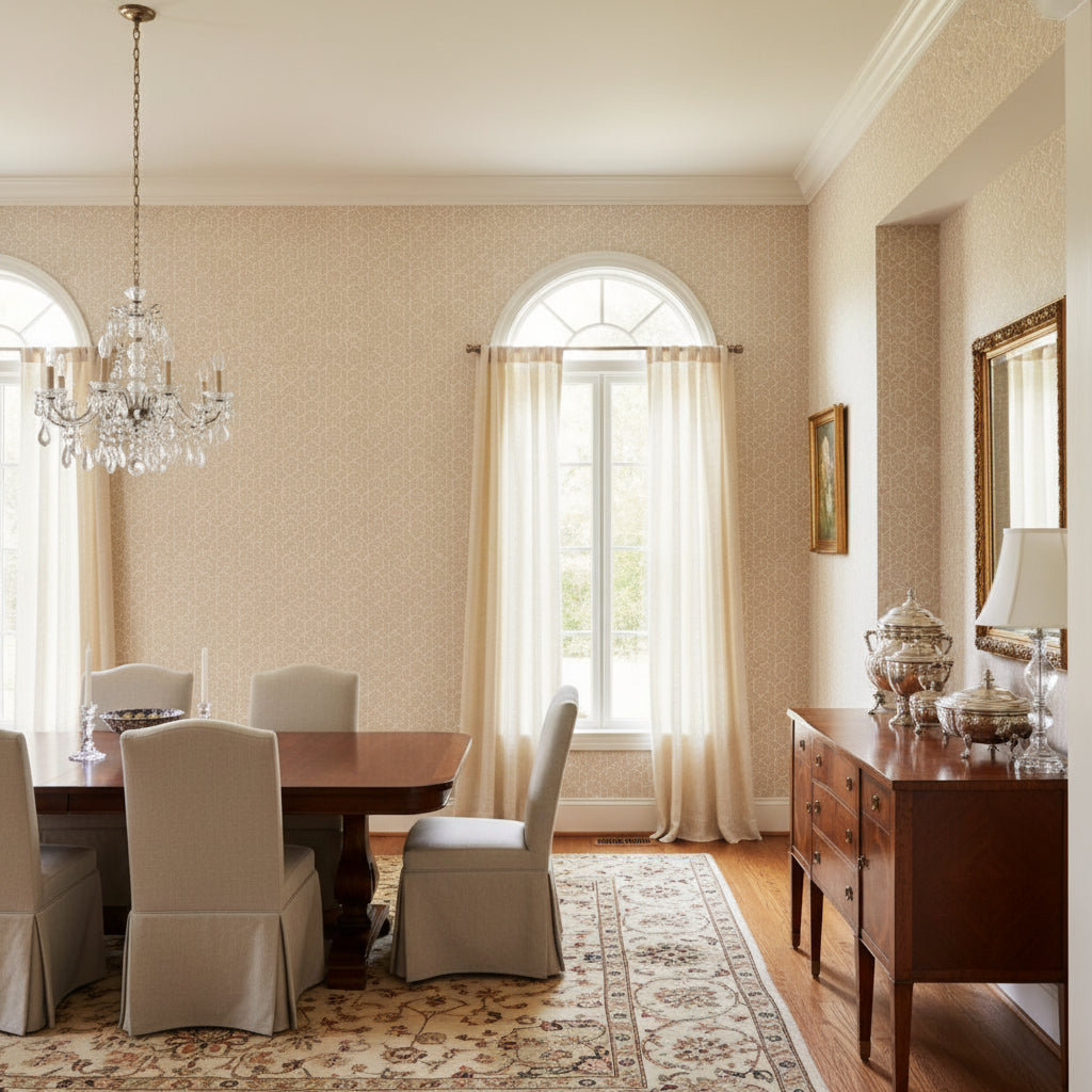 Twilight Blush | Thibaut Wallcoverings - Dining Room Visualization (AI-generated, may not be to scale. Verify pattern scale with product specifications.)