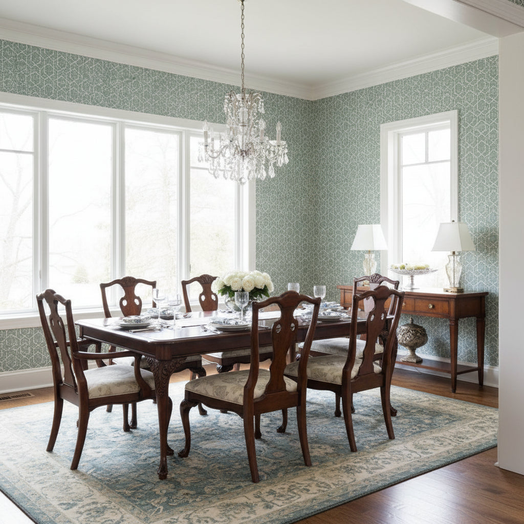 Twilight Teal | Thibaut Wallcoverings - Dining Room Visualization (AI-generated, may not be to scale. Verify pattern scale with product specifications.)