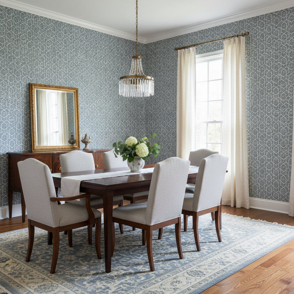 Twilight Navy | Thibaut Wallcoverings - Dining Room Visualization (AI-generated, may not be to scale. Verify pattern scale with product specifications.)