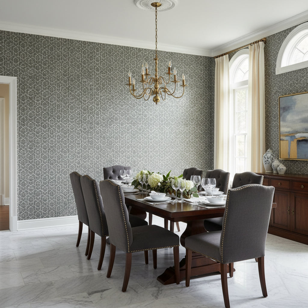 Twilight Black | Thibaut Wallcoverings - Dining Room Visualization (AI-generated, may not be to scale. Verify pattern scale with product specifications.)