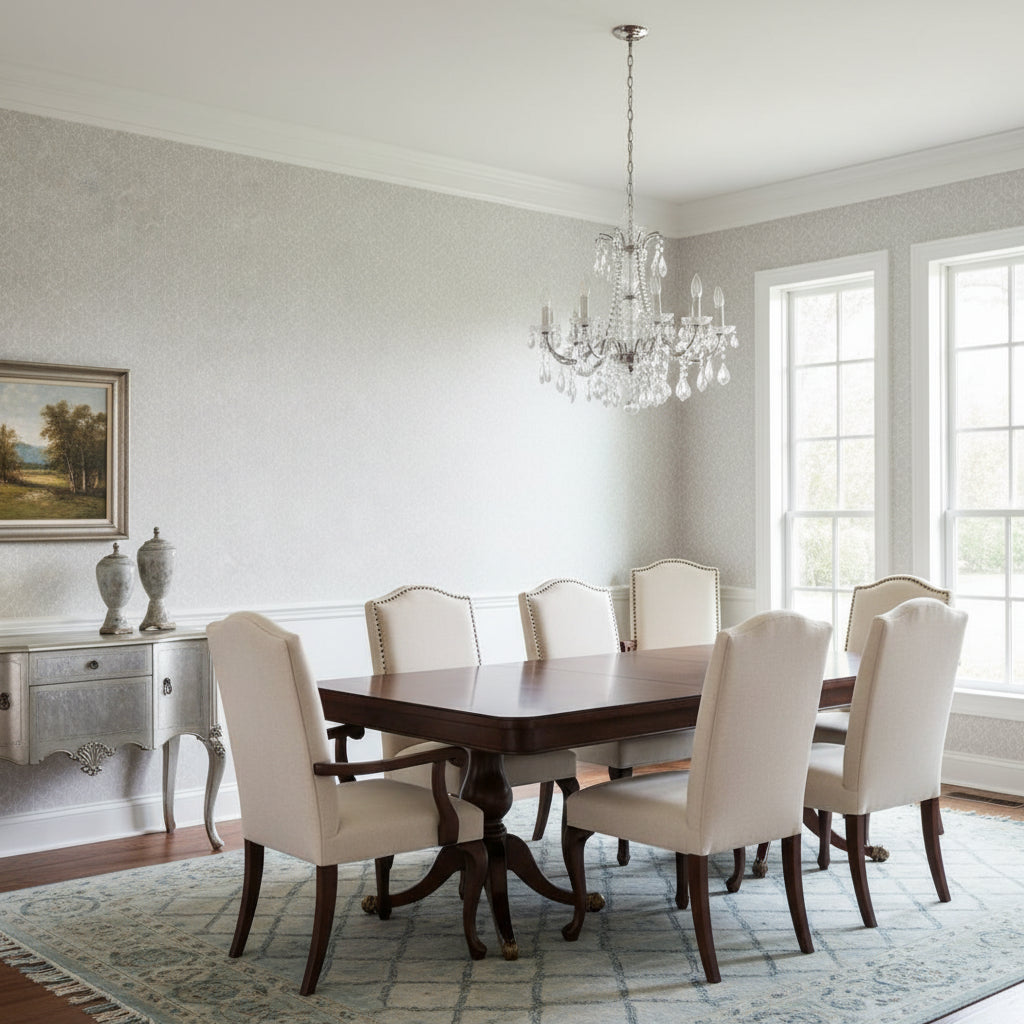Twilight Light Grey | Thibaut Wallcoverings - Dining Room Visualization (AI-generated, may not be to scale. Verify pattern scale with product specifications.)
