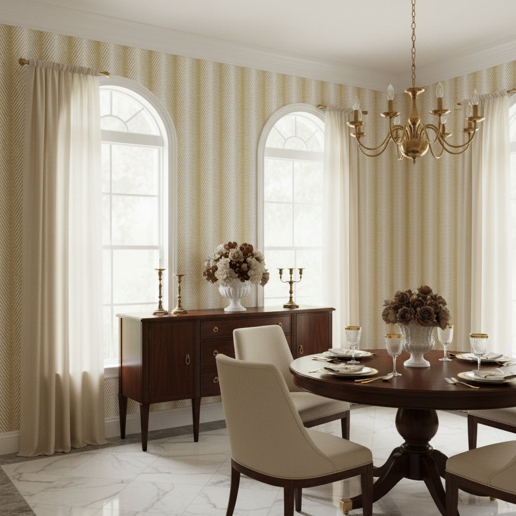 Viva Metallic Gold | Thibaut Wallcoverings - Dining Room Visualization (AI-generated, may not be to scale. Verify pattern scale with product specifications.)