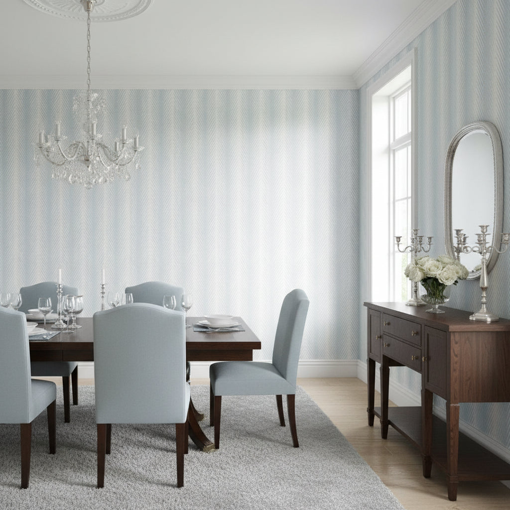 Viva Spa Blue | Thibaut Wallcoverings - Dining Room Visualization (AI-generated, may not be to scale. Verify pattern scale with product specifications.)