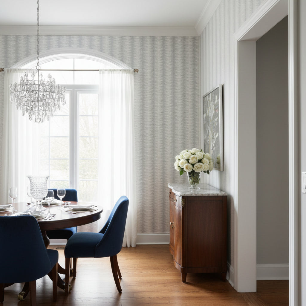 Viva Metallic Silver | Thibaut Wallcoverings - Dining Room Visualization (AI-generated, may not be to scale. Verify pattern scale with product specifications.)