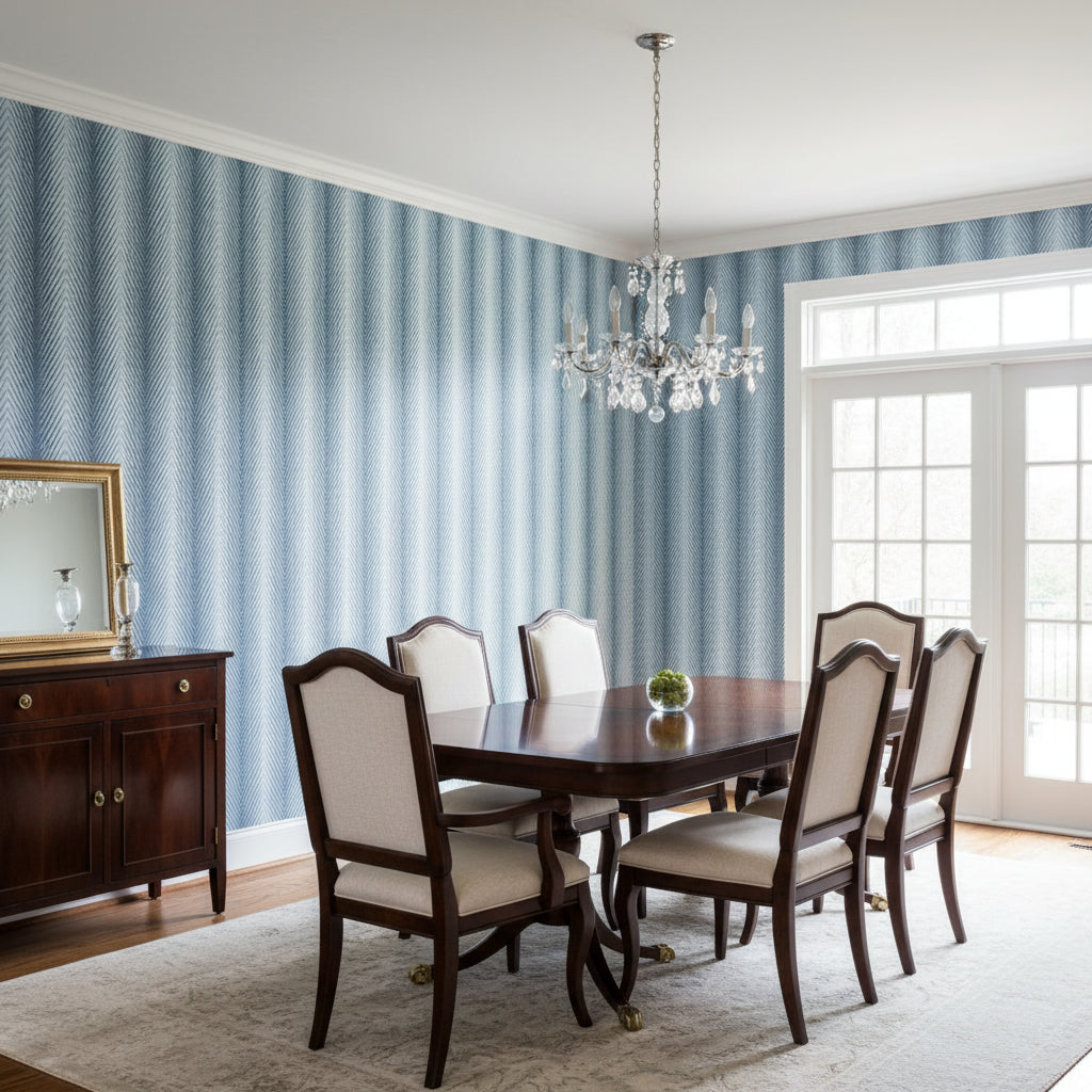 Viva Navy and Light Blue | Thibaut Wallcoverings - Dining Room Visualization (AI-generated, may not be to scale. Verify pattern scale with product specifications.)