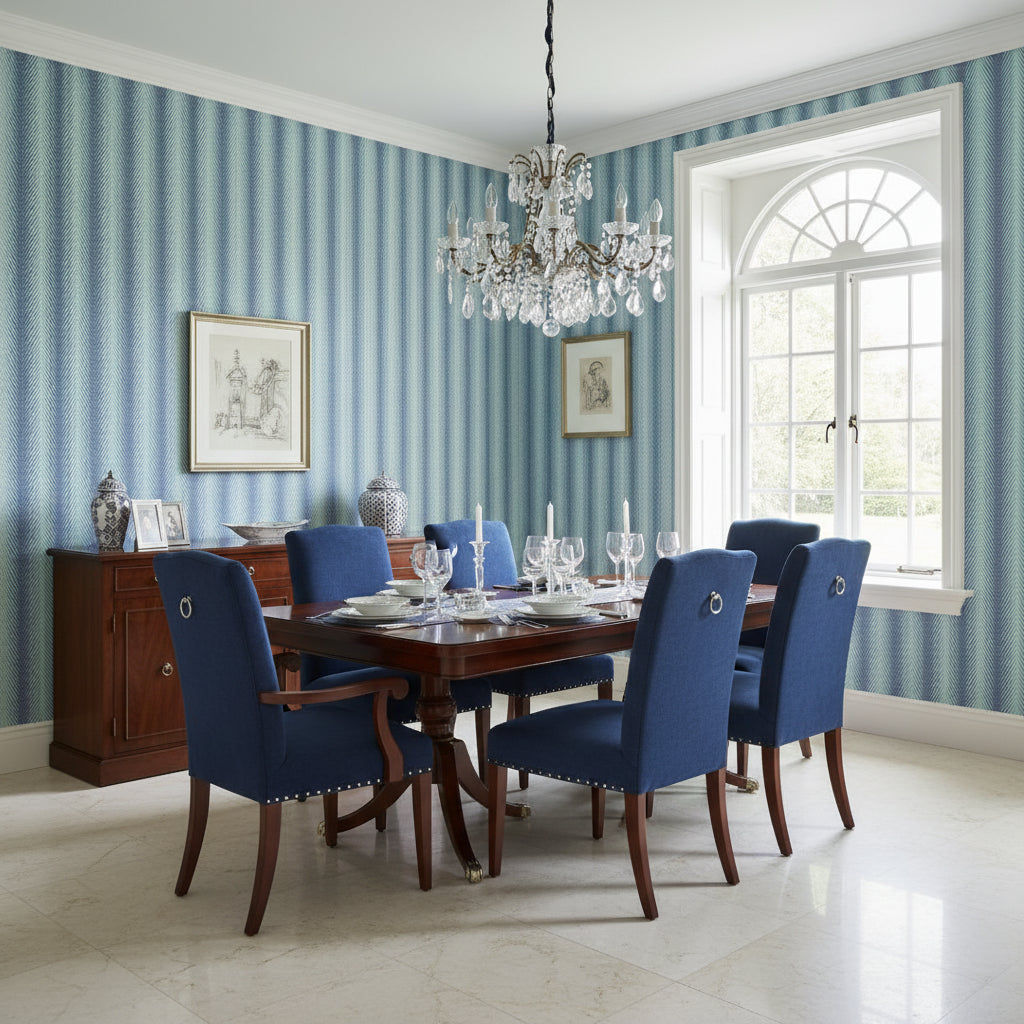 Viva Navy and Aqua | Thibaut Wallcoverings - Dining Room Visualization (AI-generated, may not be to scale. Verify pattern scale with product specifications.)