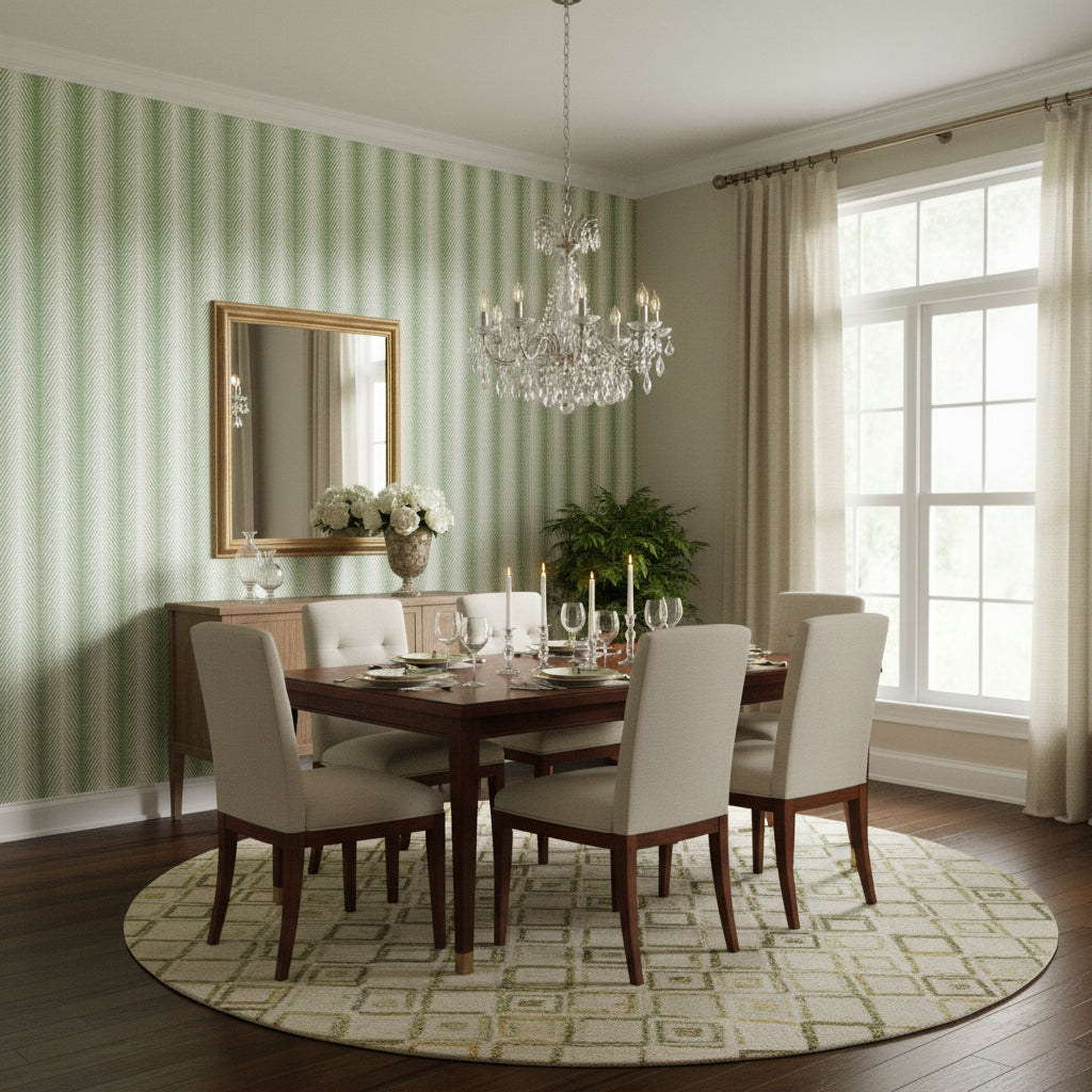 Viva Green | Thibaut Wallcoverings - Dining Room Visualization (AI-generated, may not be to scale. Verify pattern scale with product specifications.)