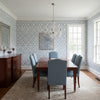 Fretwork Navy | Thibaut Wallcoverings - Dining Room Visualization (AI-generated, may not be to scale. Verify pattern scale with product specifications.)