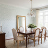Fretwork Spa Blue | Thibaut Wallcoverings - Dining Room Visualization (AI-generated, may not be to scale. Verify pattern scale with product specifications.)