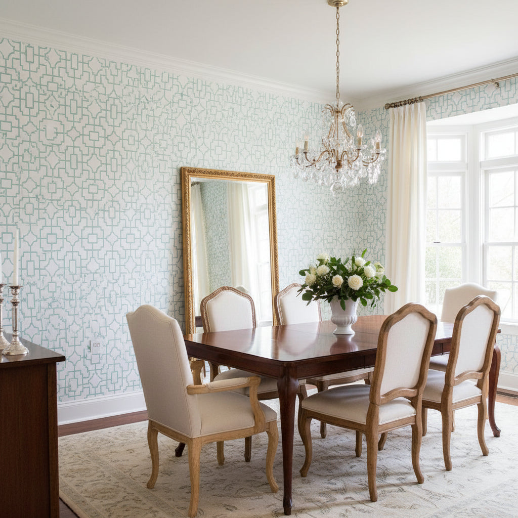 Fretwork Spa Blue | Thibaut Wallcoverings - Dining Room Visualization (AI-generated, may not be to scale. Verify pattern scale with product specifications.)