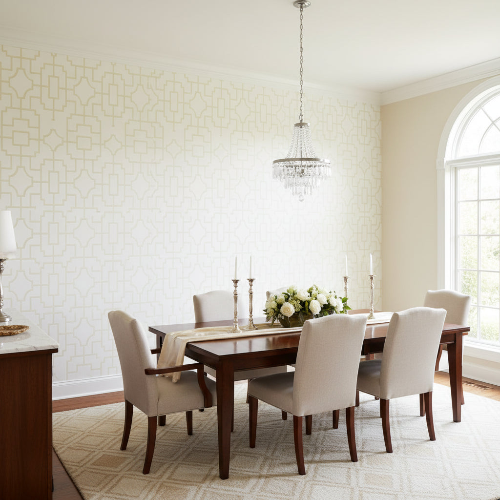 Fretwork Beige | Thibaut Wallcoverings - Dining Room Visualization (AI-generated, may not be to scale. Verify pattern scale with product specifications.)