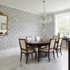 Fretwork Black | Thibaut Wallcoverings - Dining Room Visualization (AI-generated, may not be to scale. Verify pattern scale with product specifications.)