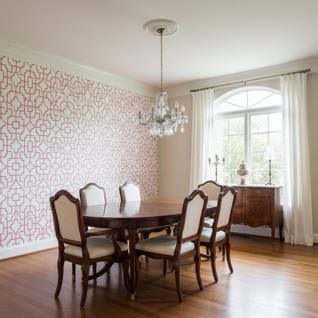Fretwork Pink | Thibaut Wallcoverings - Dining Room Visualization (AI-generated, may not be to scale. Verify pattern scale with product specifications.)