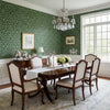 Fretwork Emerald | Thibaut Wallcoverings - Dining Room Visualization (AI-generated, may not be to scale. Verify pattern scale with product specifications.)
