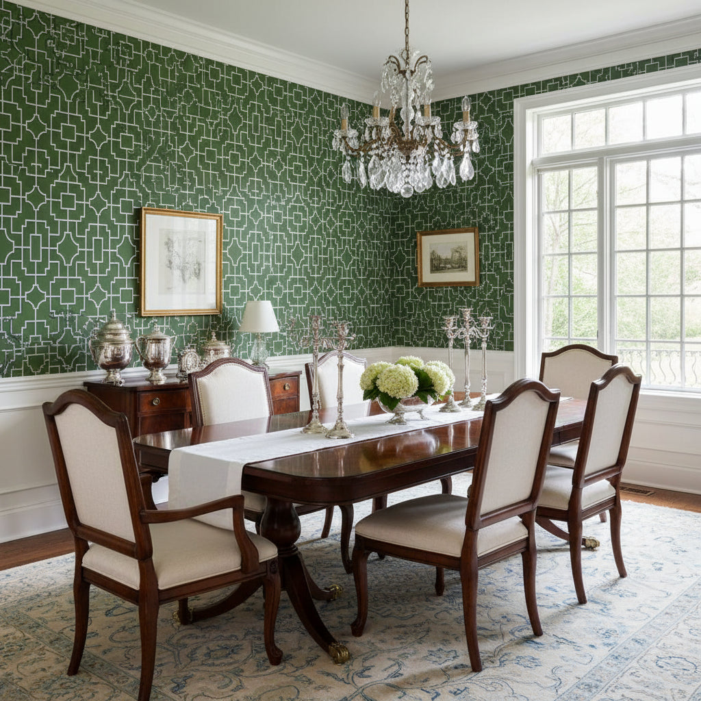 Fretwork Emerald | Thibaut Wallcoverings - Dining Room Visualization (AI-generated, may not be to scale. Verify pattern scale with product specifications.)