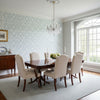 Fretwork Light Blue | Thibaut Wallcoverings - Dining Room Visualization (AI-generated, may not be to scale. Verify pattern scale with product specifications.)