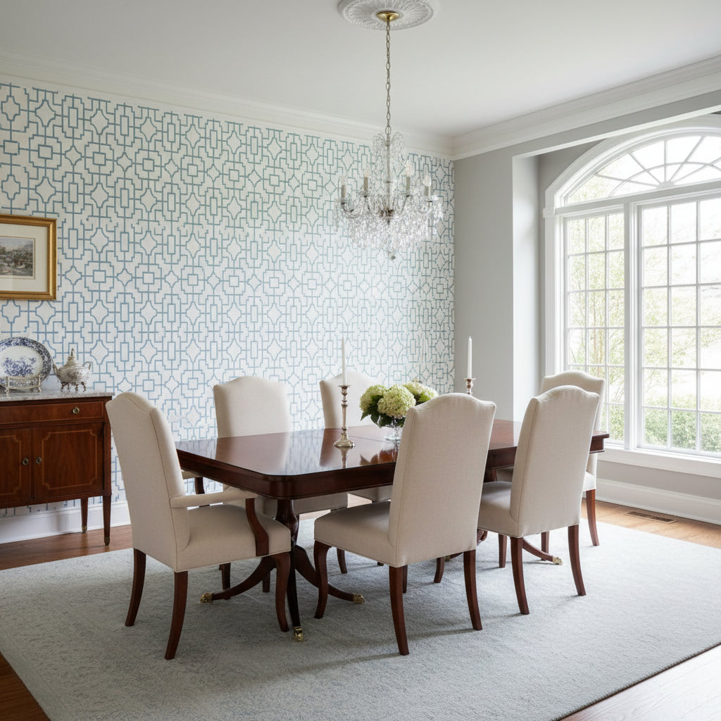 Fretwork Light Blue | Thibaut Wallcoverings - Dining Room Visualization (AI-generated, may not be to scale. Verify pattern scale with product specifications.)