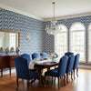 Ginger Navy | Thibaut Wallcoverings - Dining Room Visualization (AI-generated, may not be to scale. Verify pattern scale with product specifications.)