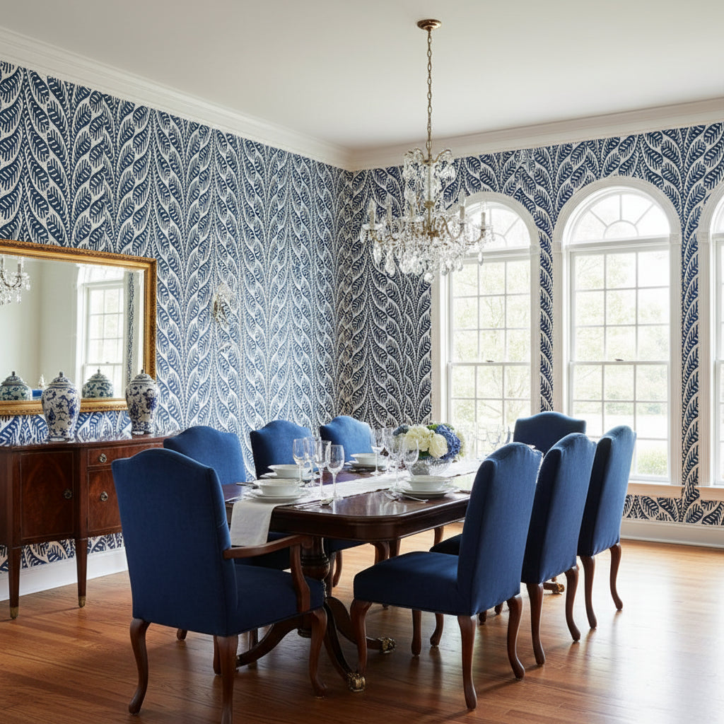 Ginger Navy | Thibaut Wallcoverings - Dining Room Visualization (AI-generated, may not be to scale. Verify pattern scale with product specifications.)