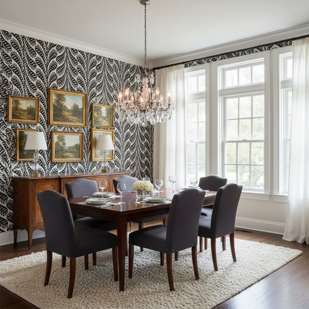 Ginger Black | Thibaut Wallcoverings - Dining Room Visualization (AI-generated, may not be to scale. Verify pattern scale with product specifications.)