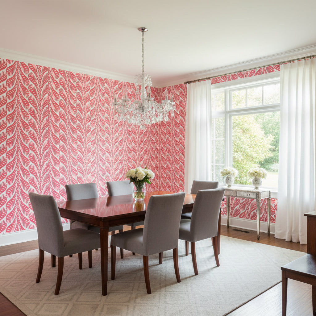 Ginger Pink | Thibaut Wallcoverings - Dining Room Visualization (AI-generated, may not be to scale. Verify pattern scale with product specifications.)