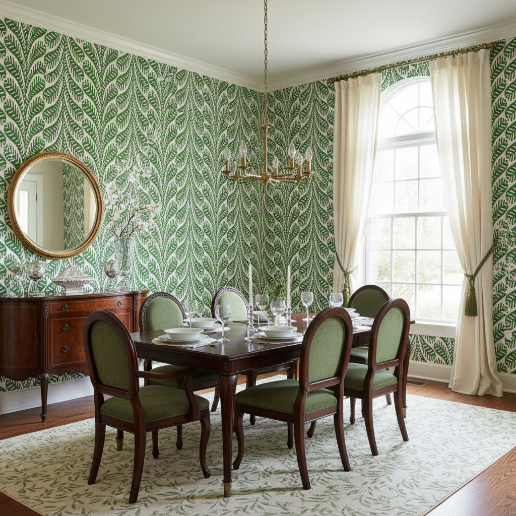 Ginger Emerald | Thibaut Wallcoverings - Dining Room Visualization (AI-generated, may not be to scale. Verify pattern scale with product specifications.)