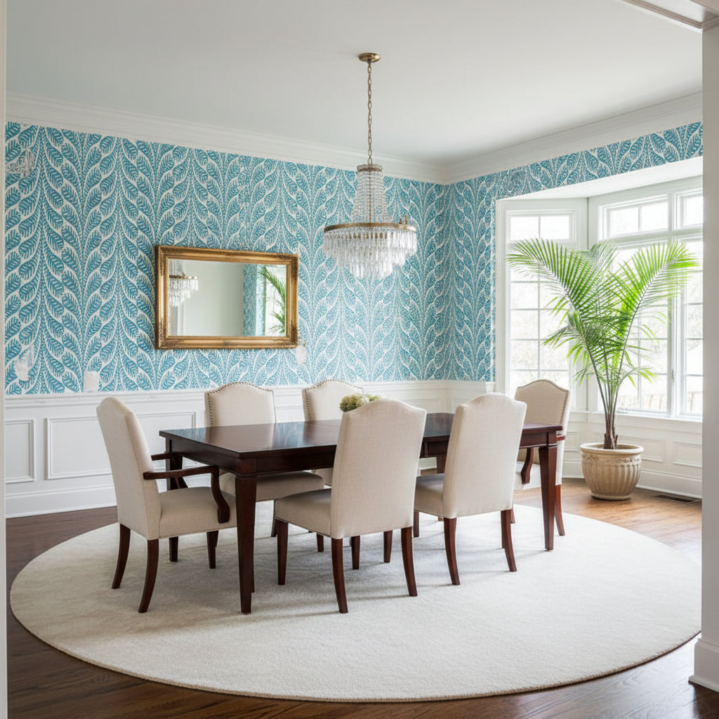 Ginger Turquoise | Thibaut Wallcoverings - Dining Room Visualization (AI-generated, may not be to scale. Verify pattern scale with product specifications.)