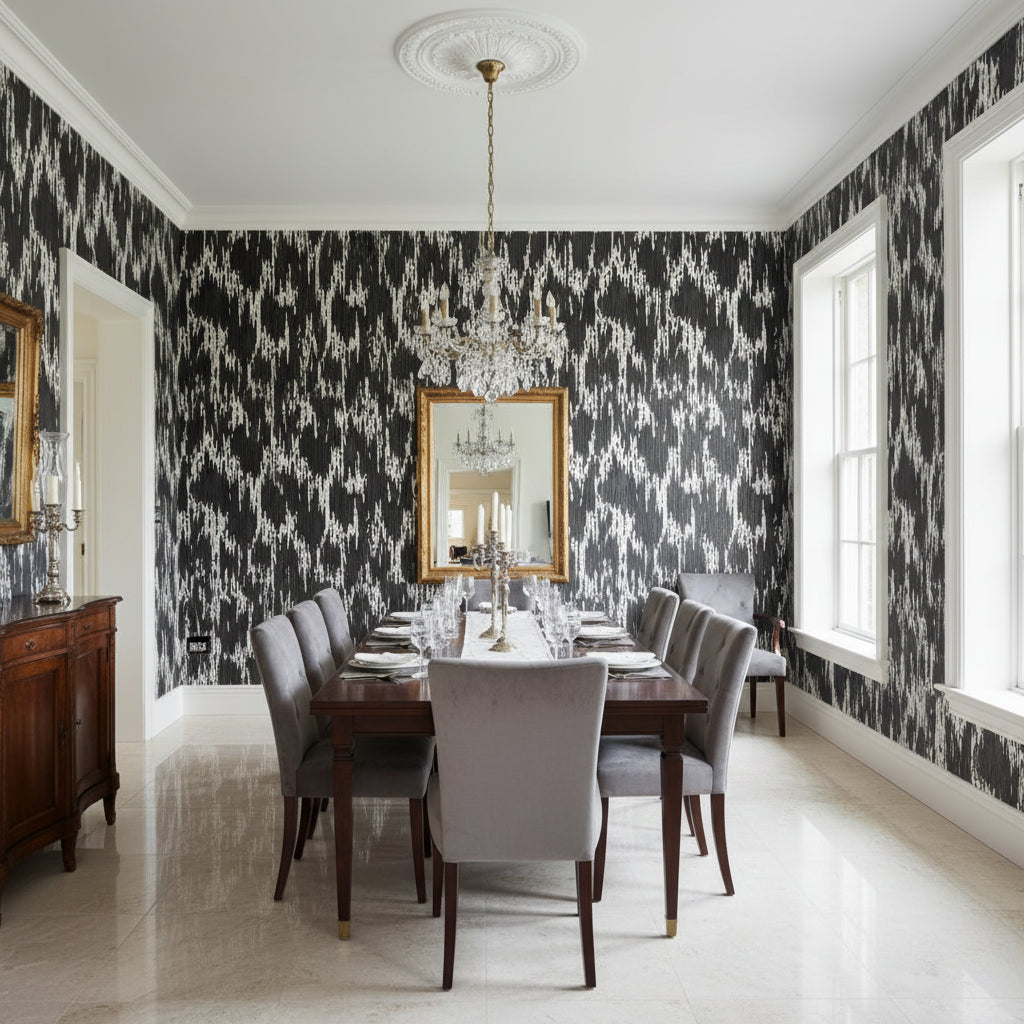 Maverick Black | Thibaut Wallcoverings - Dining Room Visualization (AI-generated, may not be to scale. Verify pattern scale with product specifications.)