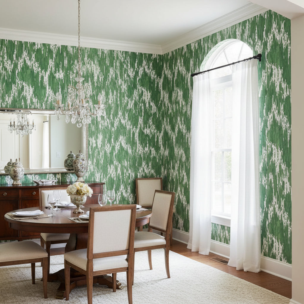 Maverick Emerald | Thibaut Wallcoverings - Dining Room Visualization (AI-generated, may not be to scale. Verify pattern scale with product specifications.)