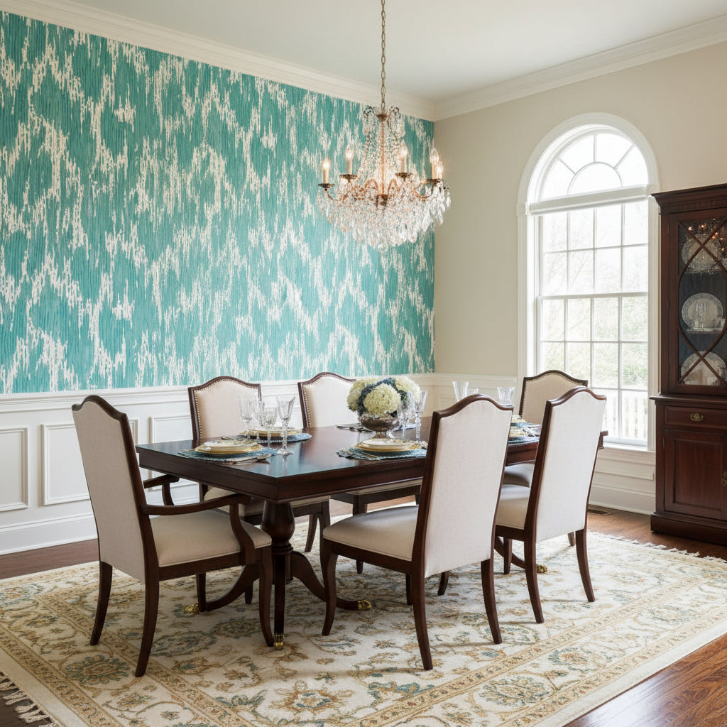 Maverick Spa Blue | Thibaut Wallcoverings - Dining Room Visualization (AI-generated, may not be to scale. Verify pattern scale with product specifications.)