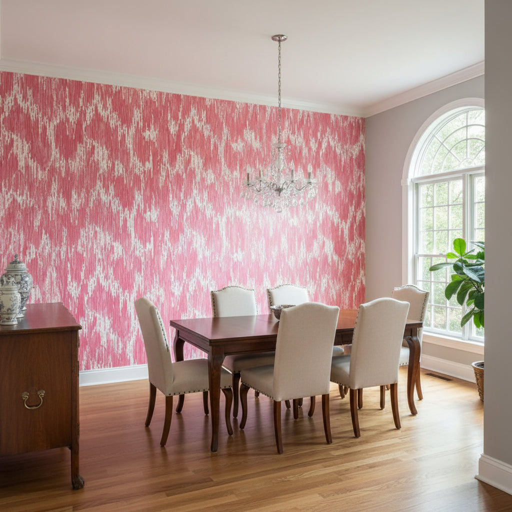 Maverick Pink | Thibaut Wallcoverings - Dining Room Visualization (AI-generated, may not be to scale. Verify pattern scale with product specifications.)