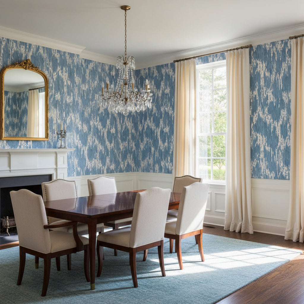 Maverick Blue | Thibaut Wallcoverings - Dining Room Visualization (AI-generated, may not be to scale. Verify pattern scale with product specifications.)