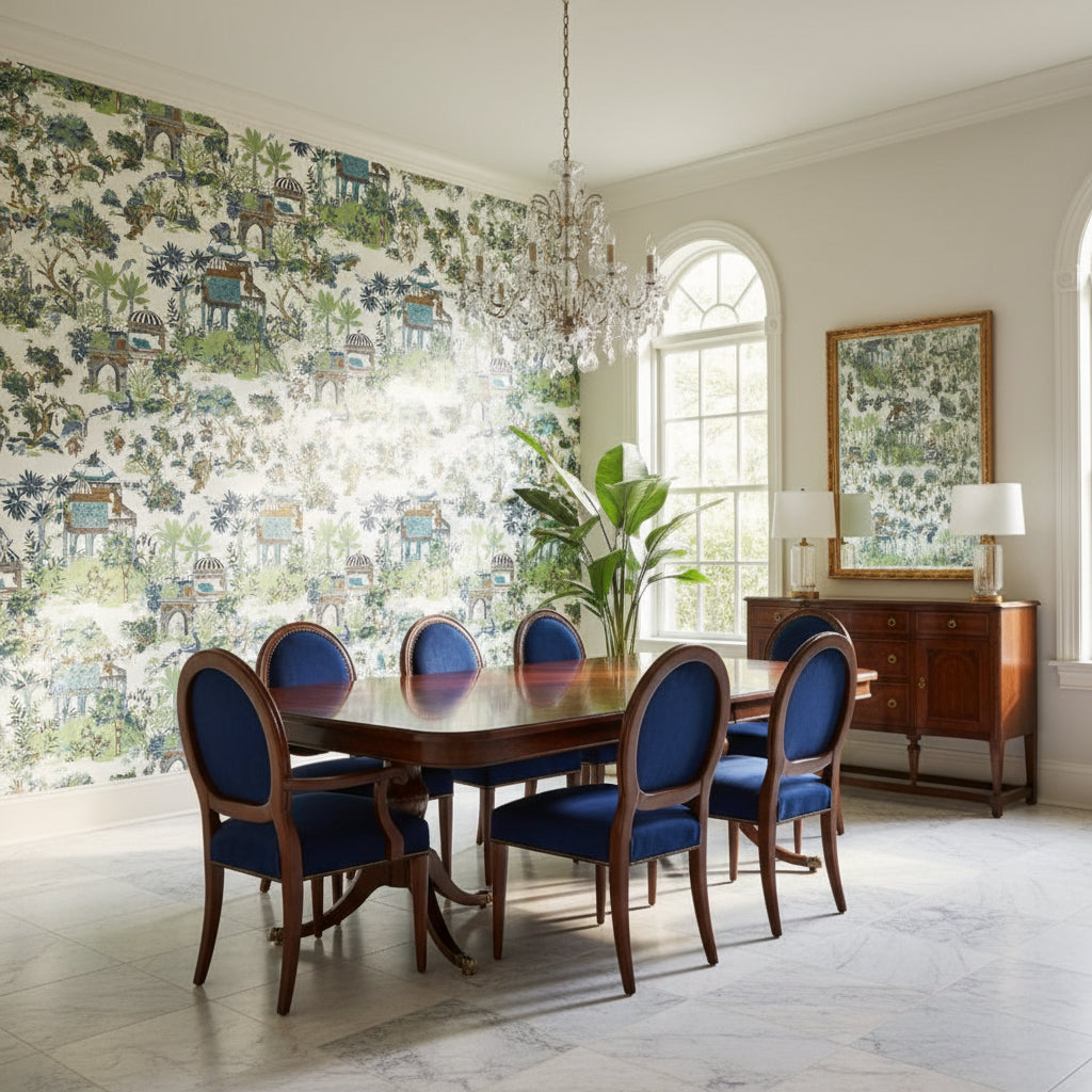 Mystic Garden Blue and Green | Thibaut Wallcoverings - Dining Room Visualization (AI-generated, may not be to scale. Verify pattern scale with product specifications.)