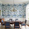 Mystic Garden Blue and White | Thibaut Wallcoverings - Dining Room Visualization (AI-generated, may not be to scale. Verify pattern scale with product specifications.)